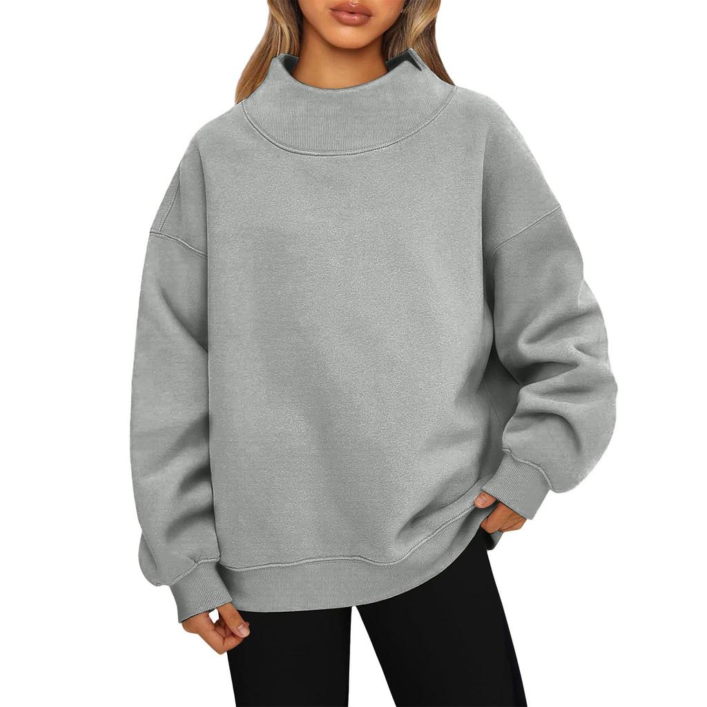 Ladies' Fashionable Loose High Neck Long Sleeved Solid Color Hoodie Top Pullover