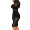 Women’s Sexy Three Piece Outfit Long Sleeve  Sexy Sheer Ruched  Mesh Dress with Vest and Shorts