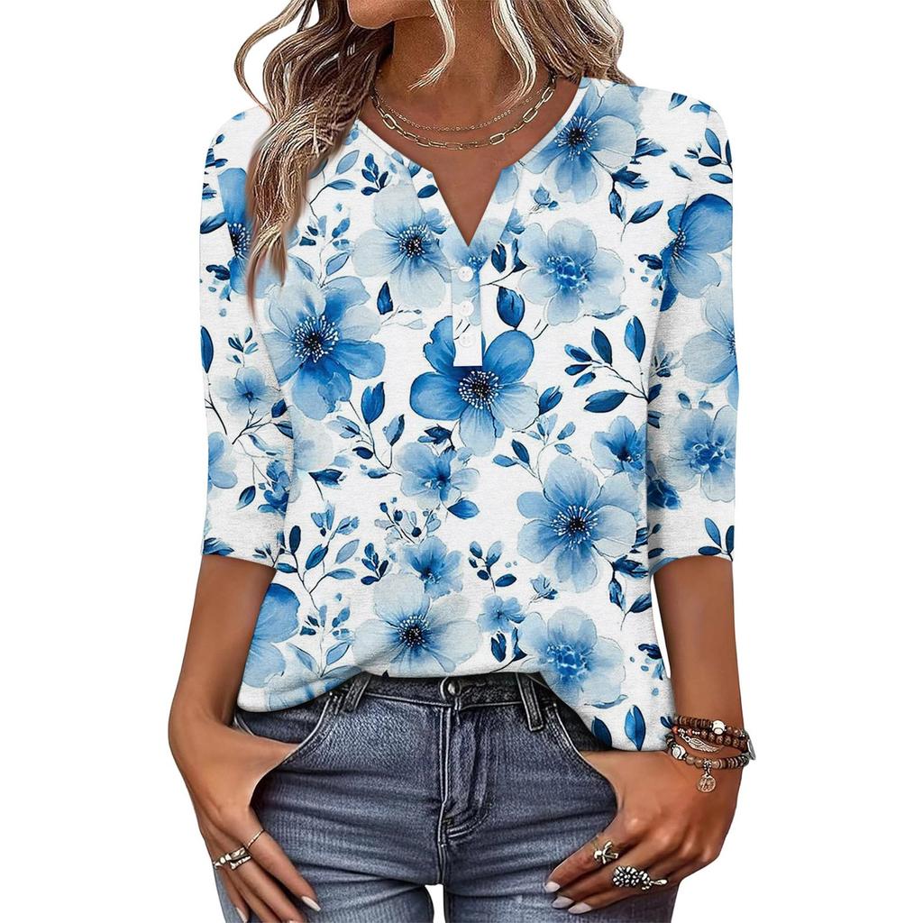 Damen Modisch Lässig Retro Floral Print V-Ausschnitt Knopfleiste Dreiviertelärmel T-Shirt Top