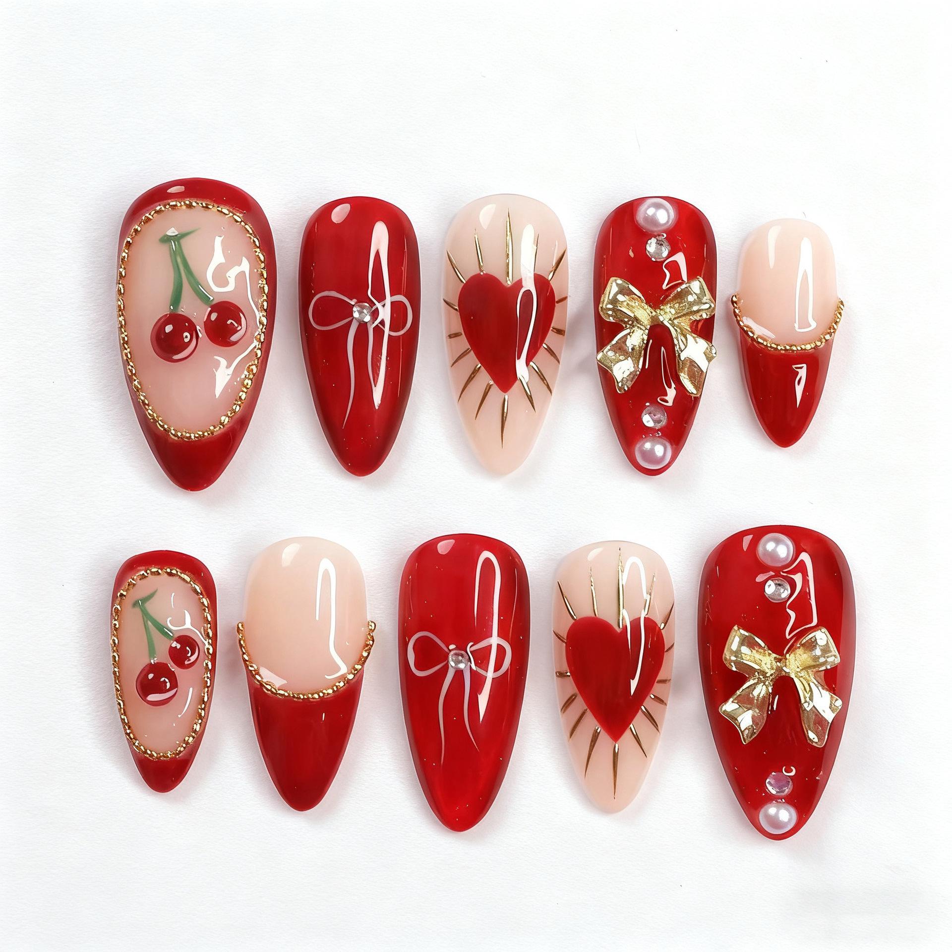 30-Piece 3D Valentine s Day Almond Nails with Gilded Bow and Heart Design Box Set (Includes Jelly Glue + Nail File)