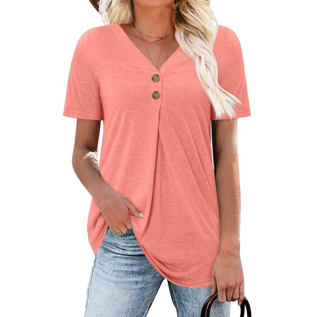 Women's Fashion Casual Short Sleeve Buttoned V-Neck T-Shirt Top