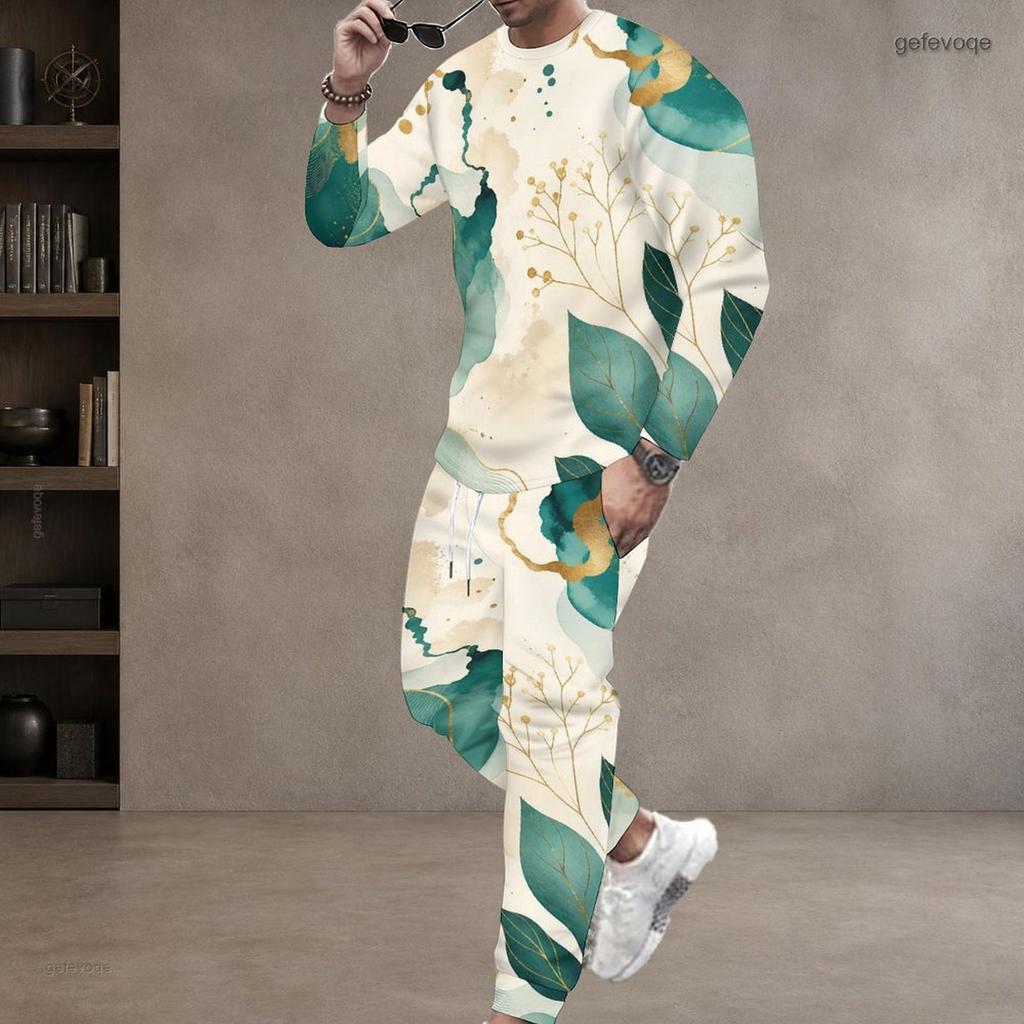 Men Plus Size Pink Printed Round Neck Long Sleeve Top Cuffed Pants Two Piece Set