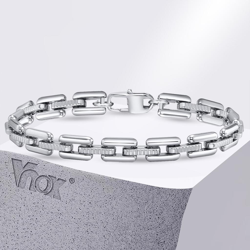 Vnox Nie verblassende schwere handgefertigte Gliederkettenarmbänder für Männer, silberfarben Edelstahl Rechteckige Kette Punk Rock Armband