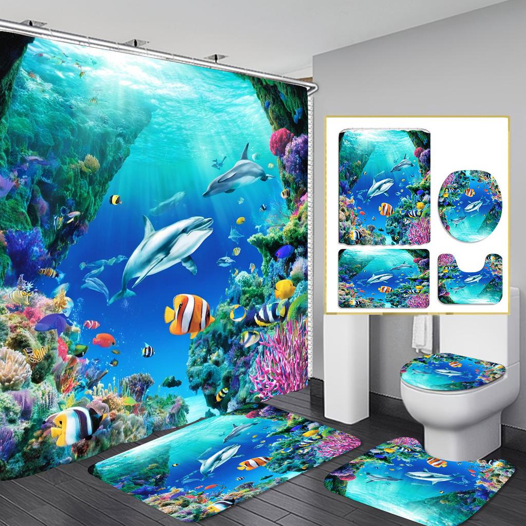 Christmas Shower Curtain Four-Piece Non-Punching Partition Curtain Digital Printing Bathroom Dress