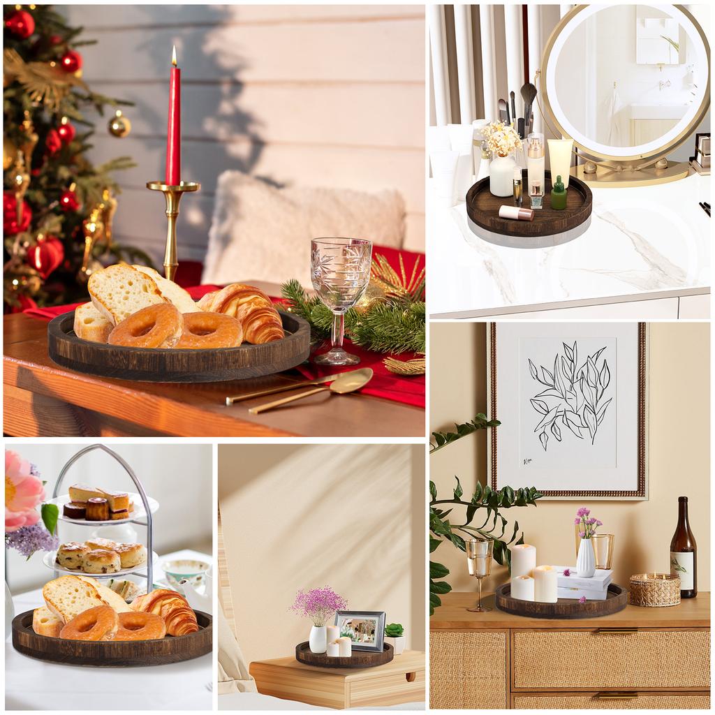 Round Tray Wood Serving Platter Vintage 30cm Round Dessert Plate Table Multipurpose Candle Holder Tray Decorative Tray