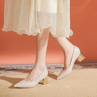 Champagne Large Size High Heels Women's Simple Temperament Thick Heel Wedding Shoes Pointed Not Tired Feet Single Shoes Women