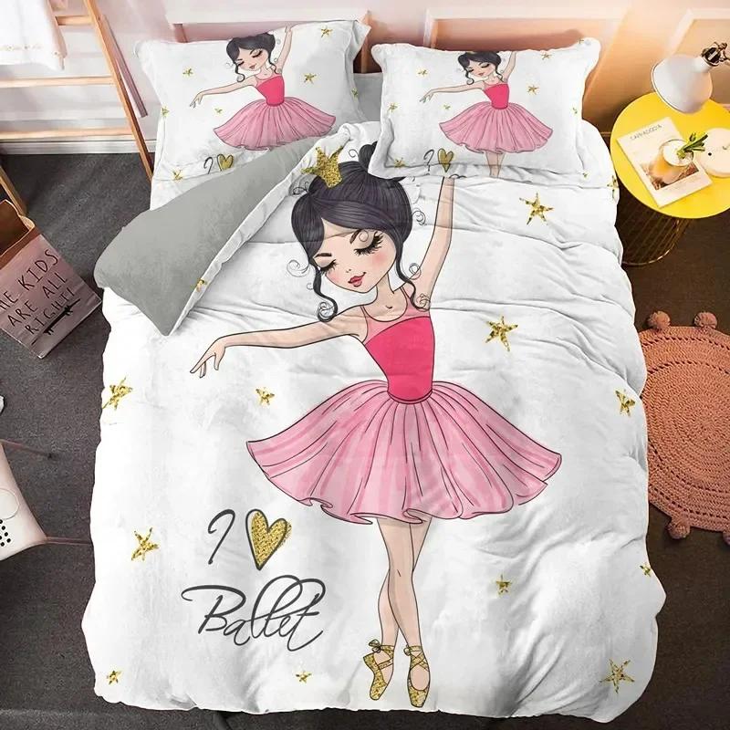 Ballet Dancer Girl Cartoon Dancing Comfortable Duvet Quilt Cover Pillowcase Bedding Set Children Bedroom Decoration Home Textile