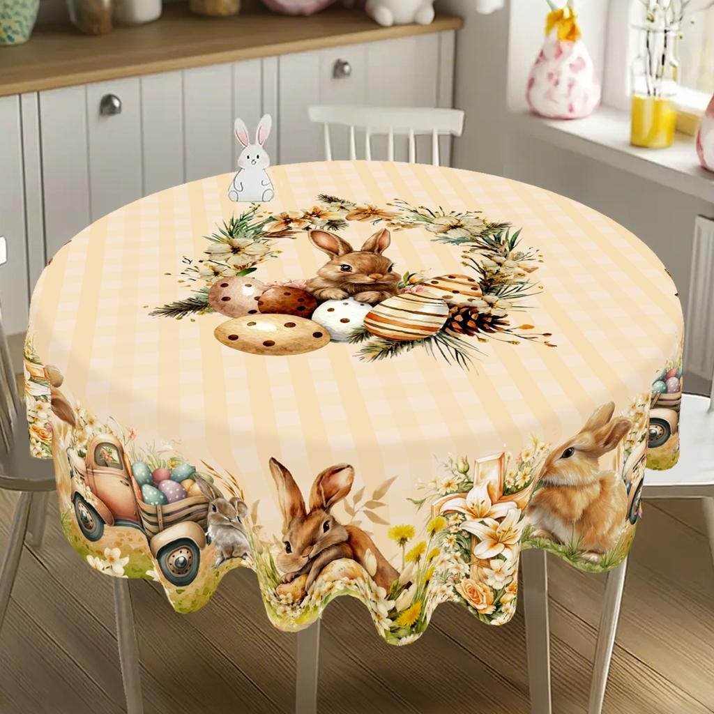 Easter Round Tablecloth Easter Bunny Egg Table Cover Spring Farmhouse Home Kitchen Dinning Table Decor Holiday Party Supplies