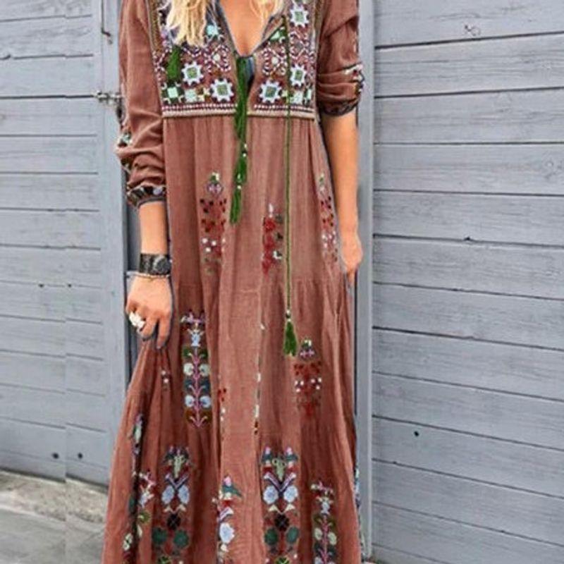 

Bohemia Fashion Export Positioning Printed Flowers Patchwork Long Dress Fashion Drawstring Lace-up Long Sleeve Dress Brown 5XL