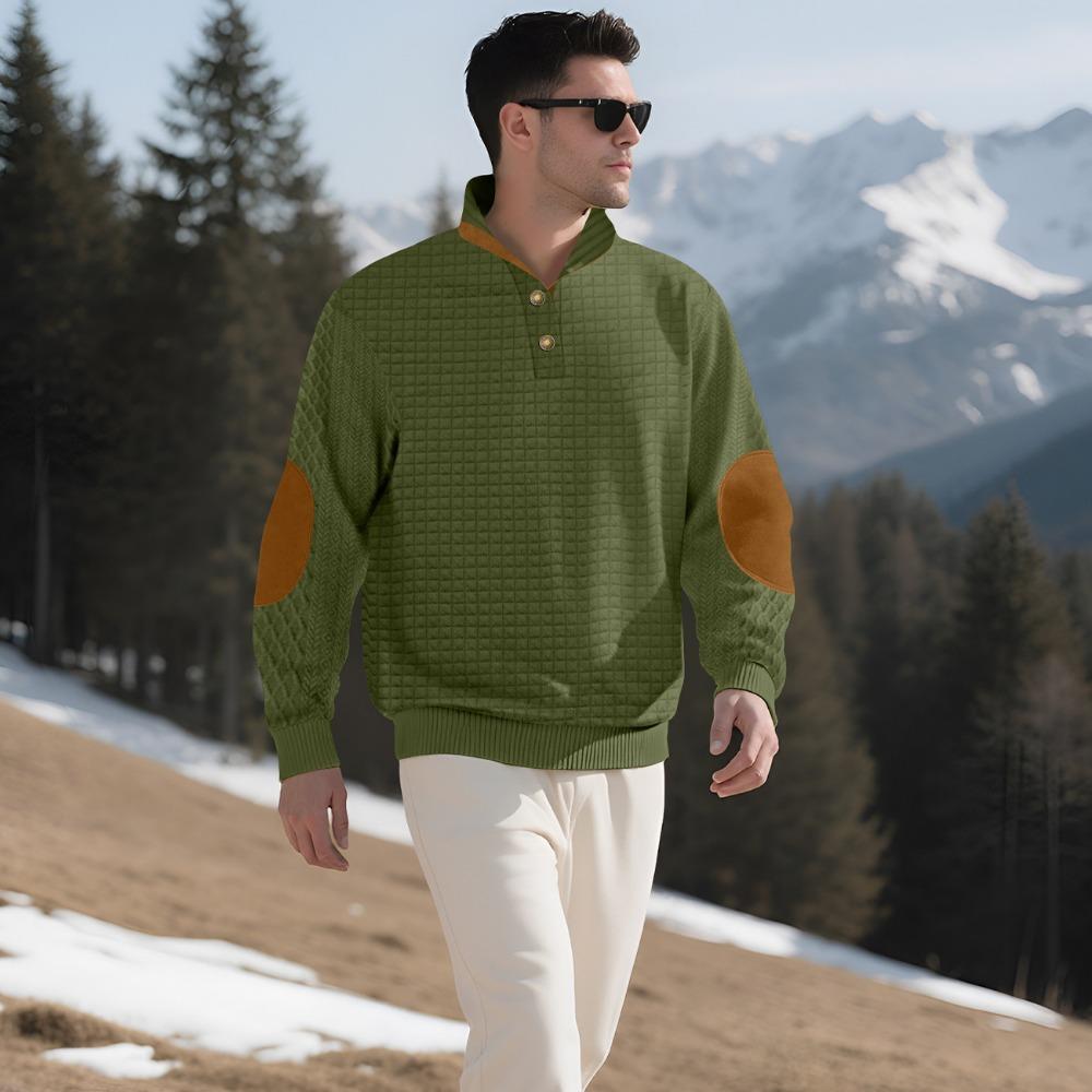 Autumn and Winter Men's New Square Grid Men's Stand Up Collar Single Breasted Casual Long Sleeved Sweatshirt