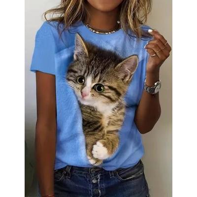 Summer Women's 3D Printed Cat Pattern T-shirt Casual Short Sleeved Top Fashionable Women's Round Neck T-shirt