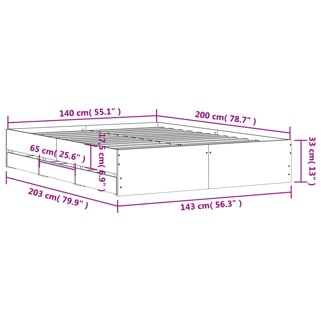 Bed Frame with Drawers Sonoma Oak Finish 140x200 cm Particleboard