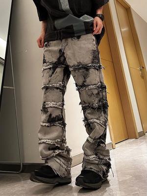 American Style Black Tie-dye Jeans Men High Street Straight Y2K Denim Pants Hiphop Causal Loose Trousers Male Clothes