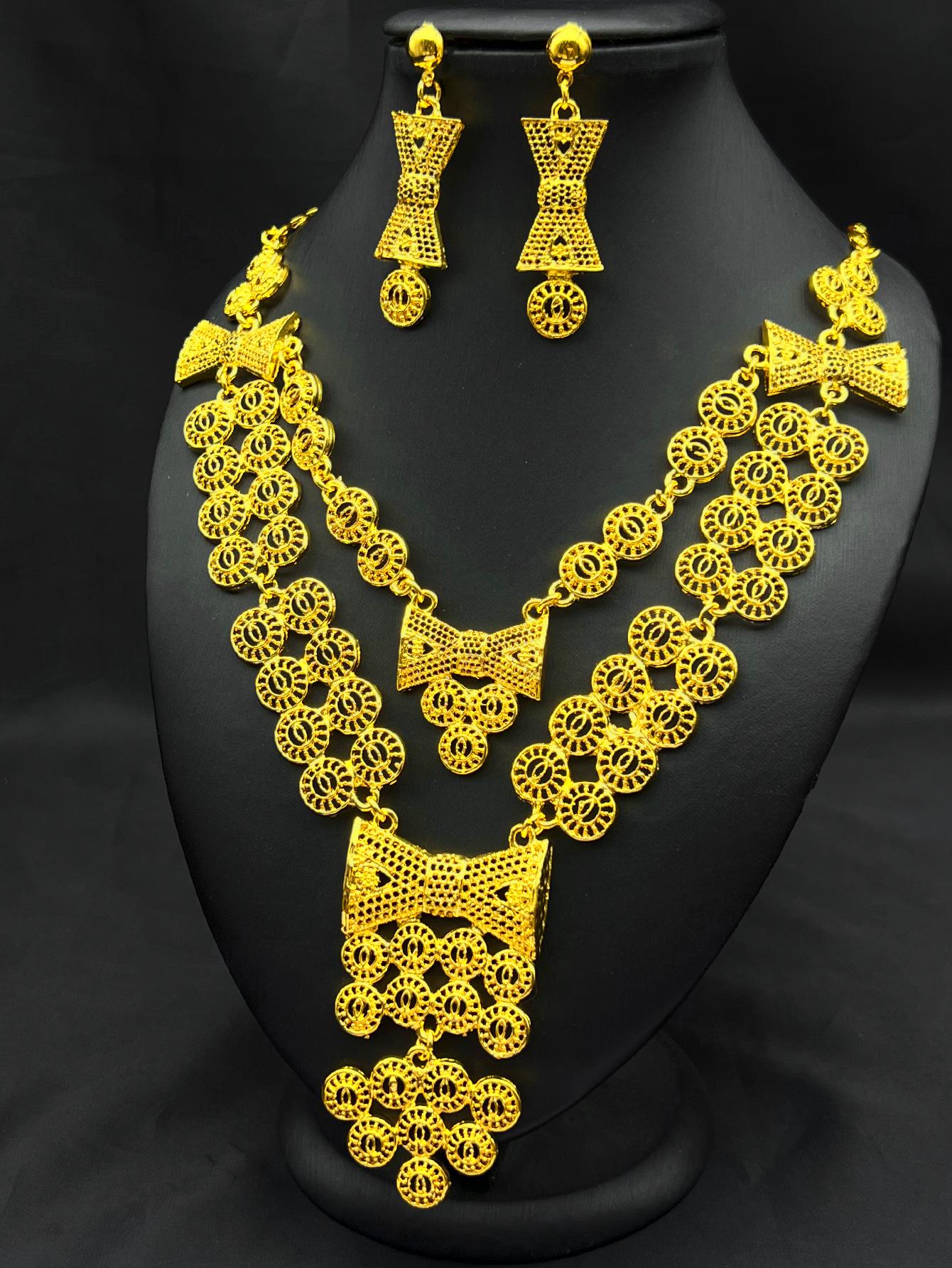Позолоченный 24к ближневосточный свадебный ювелирный набор - Ожерелье и длинные украшения
