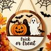 Layered Wood Craft Halloween Round Door Hanger, 3D Pumpkin Ghost Owl Welcome Sign, Solid Plaque Farmhouse Front Wall Hanging Decor for Home