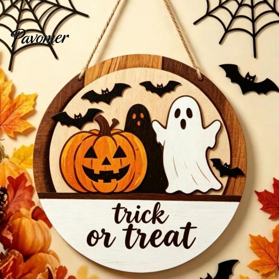 Layered Wood Craft Halloween Round Door Hanger, 3D Pumpkin Ghost Owl Welcome Sign, Solid Plaque Farmhouse Front Wall Hanging Decor for Home