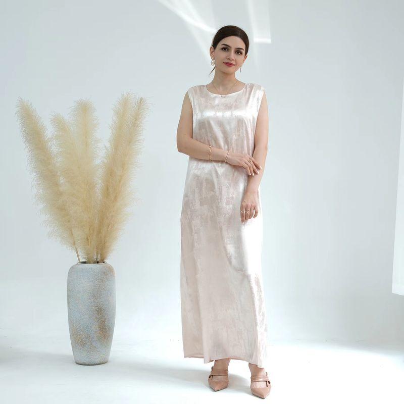 

New Arrival Middle East Dubai Party Pure Color Satin Jacquard Dress Solid Satin Jacquard Dress Beige vest skirt XL