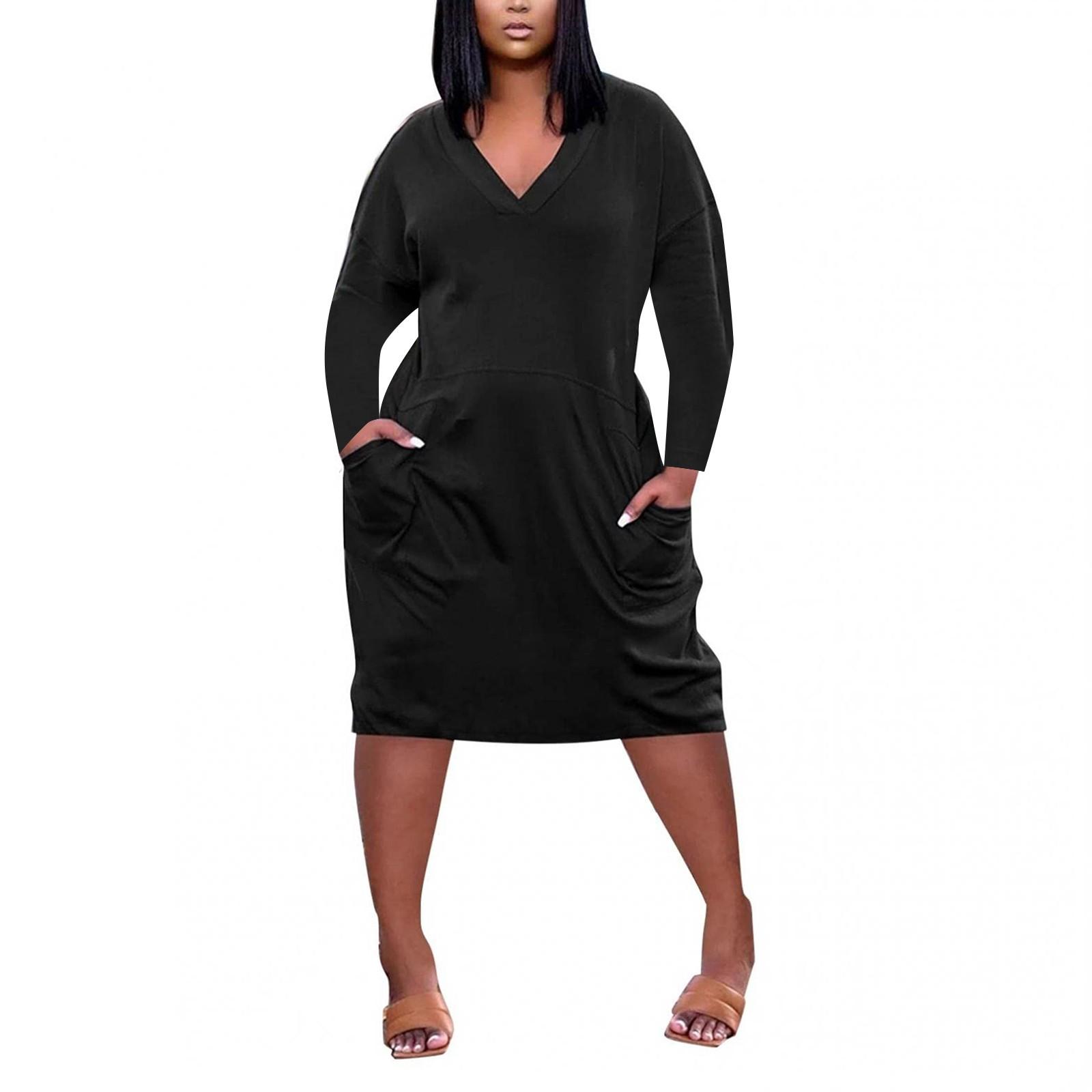 

Женское летнее повседневное платье больших размеров с V-образным вырезом и длинным рукавом с карманом до колена L чёрный