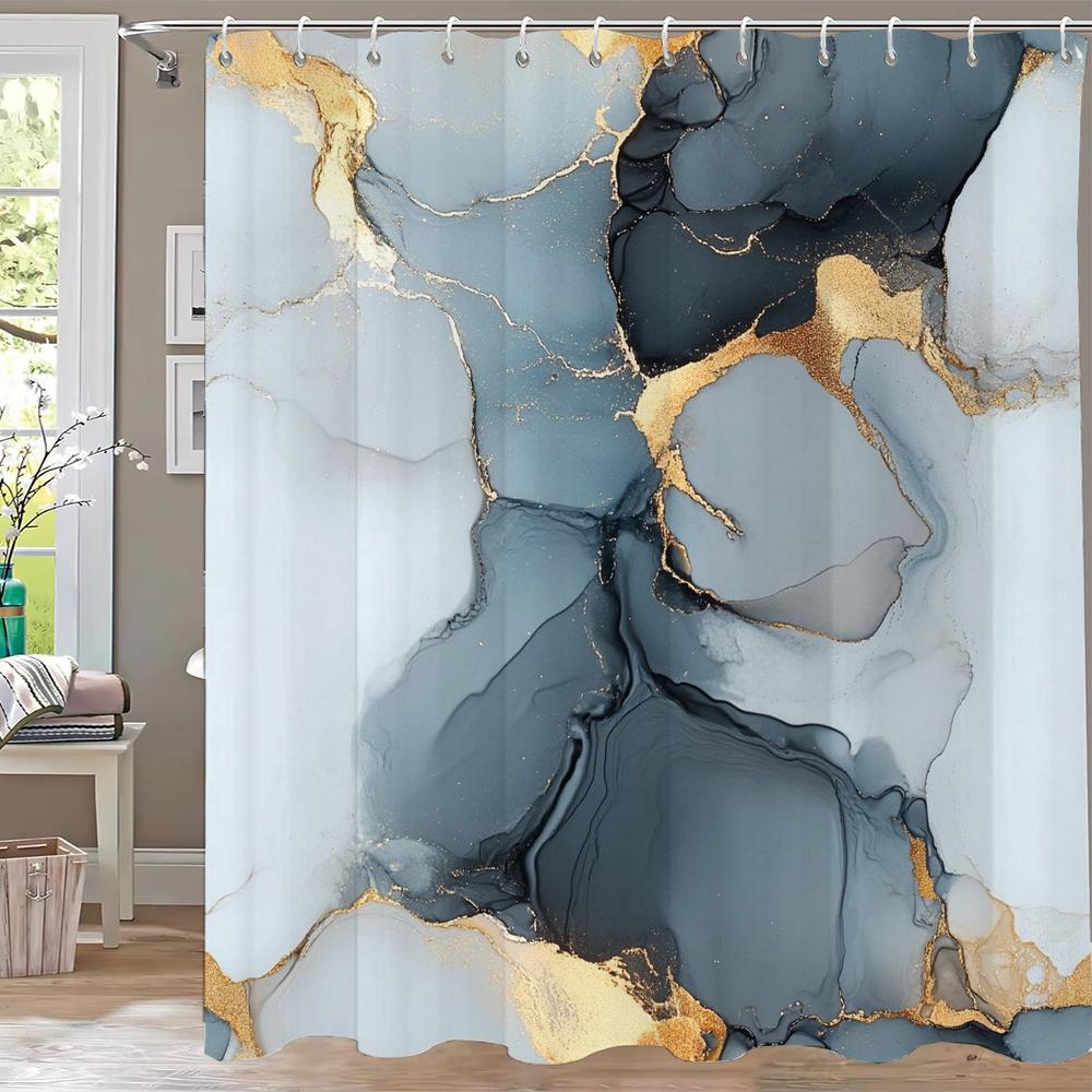 Abstract Marble Pattern Shower Curtain, Geometric Printed Bathroom Decorative Shower Curtain, Fabric Home Curtain with Hooks
