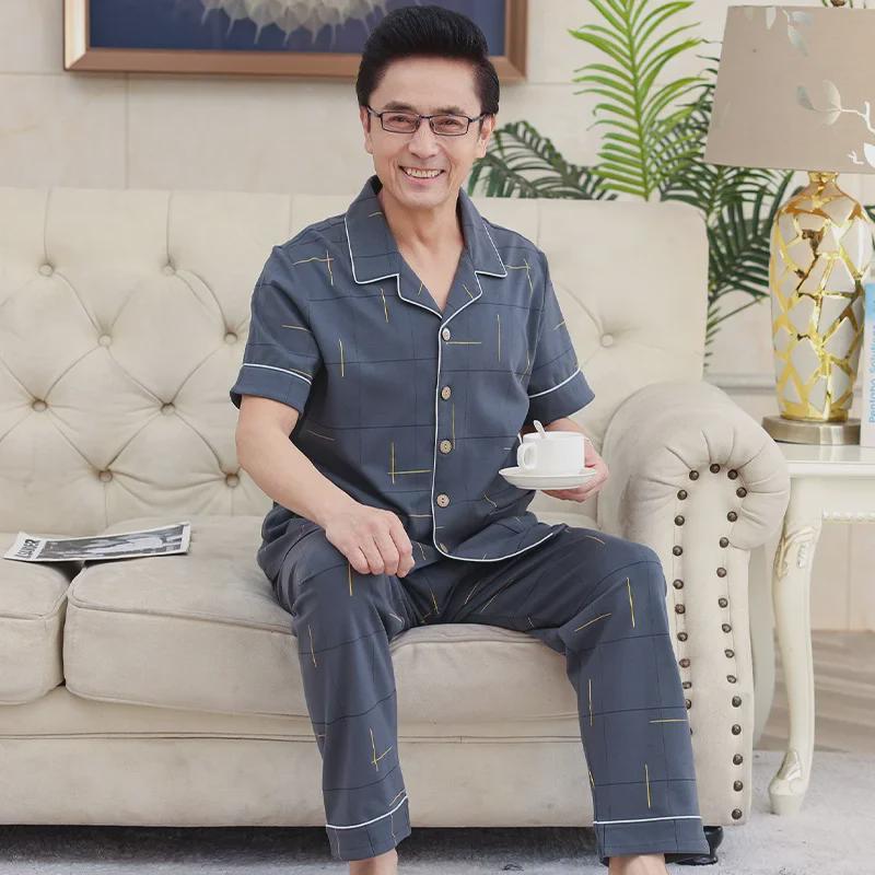 2023 Summer Cotton Short-Sleeve Cardigan Pajama Set for Middle-Aged Men