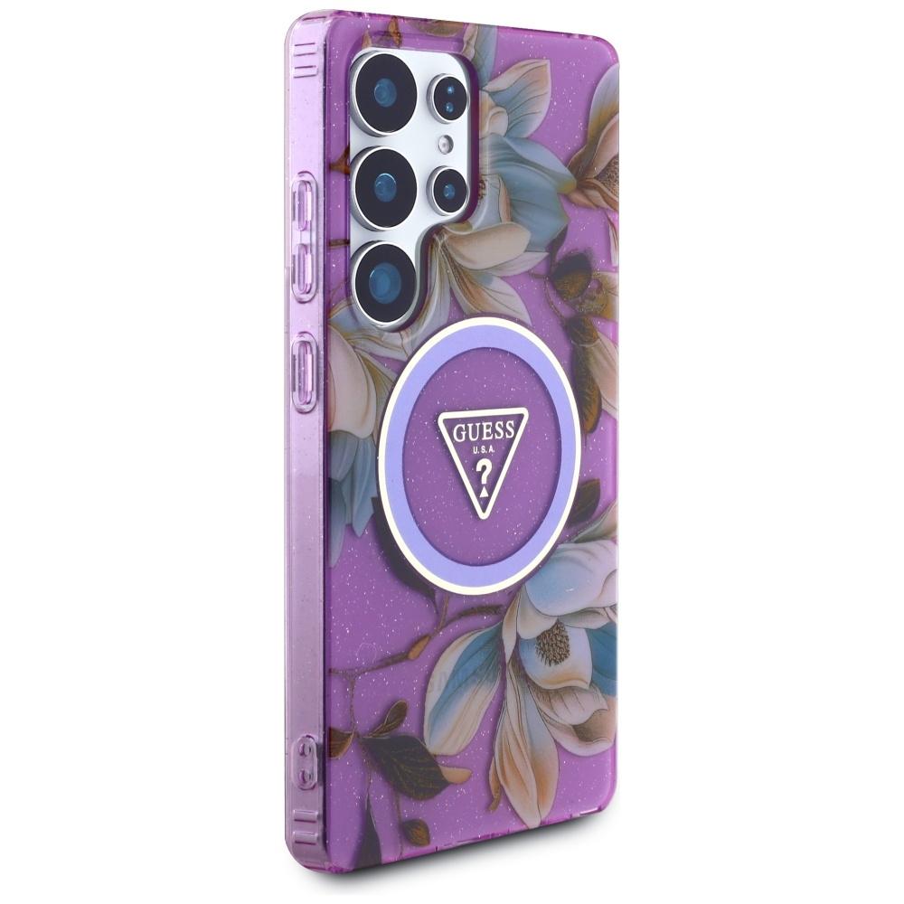 Guess Glitter Flowers Triangle Buttons Magsafe Case For Samsung Galaxy S25 Ultra Purple