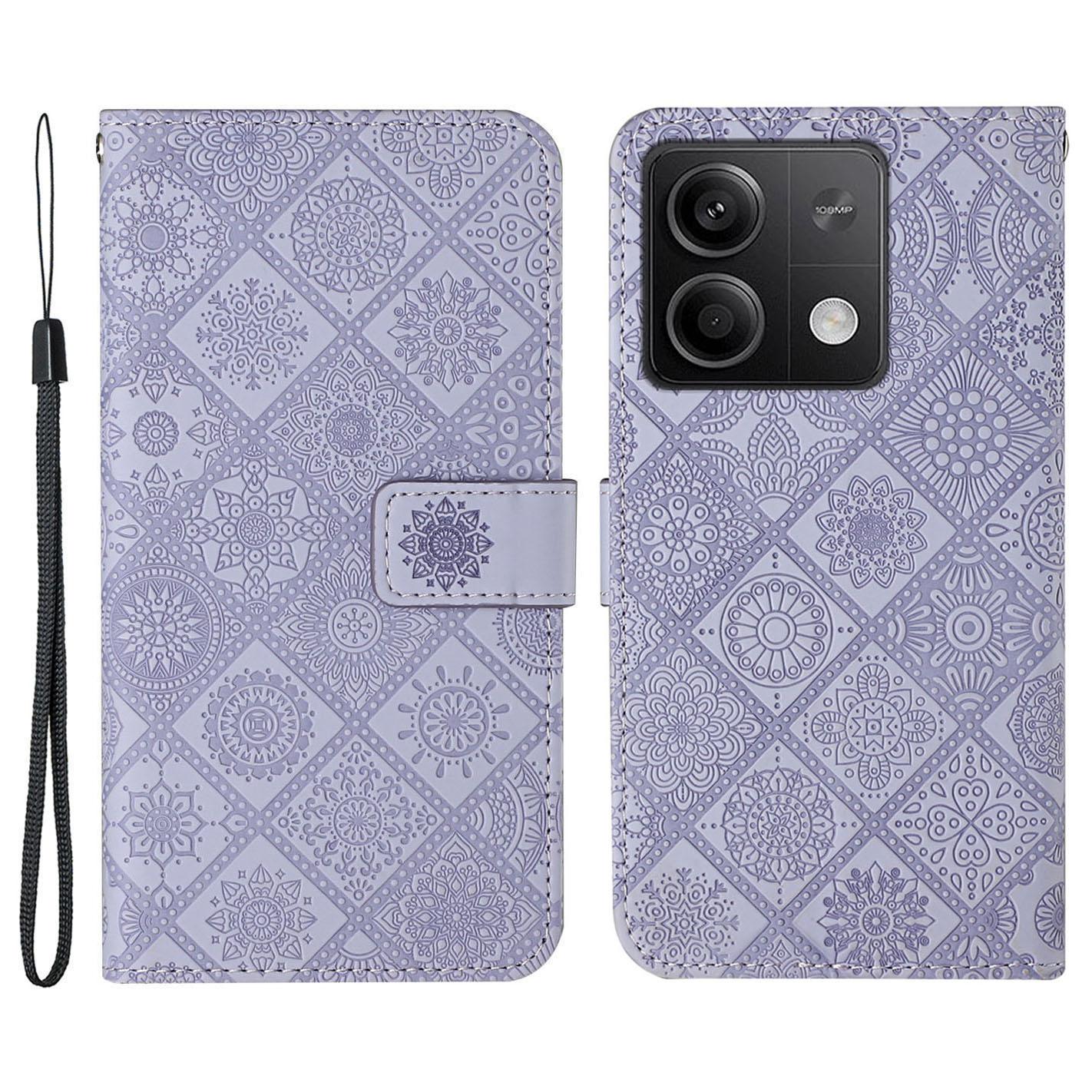 

For Xiaomi Redmi Note 13 5G Phone Case Ethnic Style Imprinted Flower Pattern Leather Cover Purple