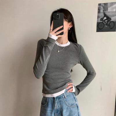 Women's Two-Piece Look Slim Fit Long-Sleeve T-Shirt - New for Early Autumn 2024, Round Neck Versatile Pullover Top.