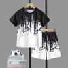 Directional Opening, Hot Sale, Boys' Letter Graffiti Printed Short-Sleeved Shorts Two-Piece Suit, Casual Sports Style