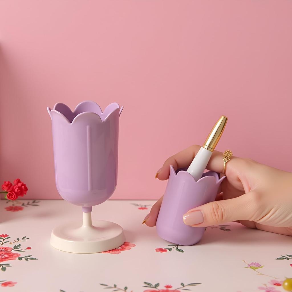Pen Holder for Desk, Plastic Tulip Pen Holder Girl Small Makeup Box Cute Stationery Organizer Pencil Stand Case Pencil Cups Desktop Decoration Pencil