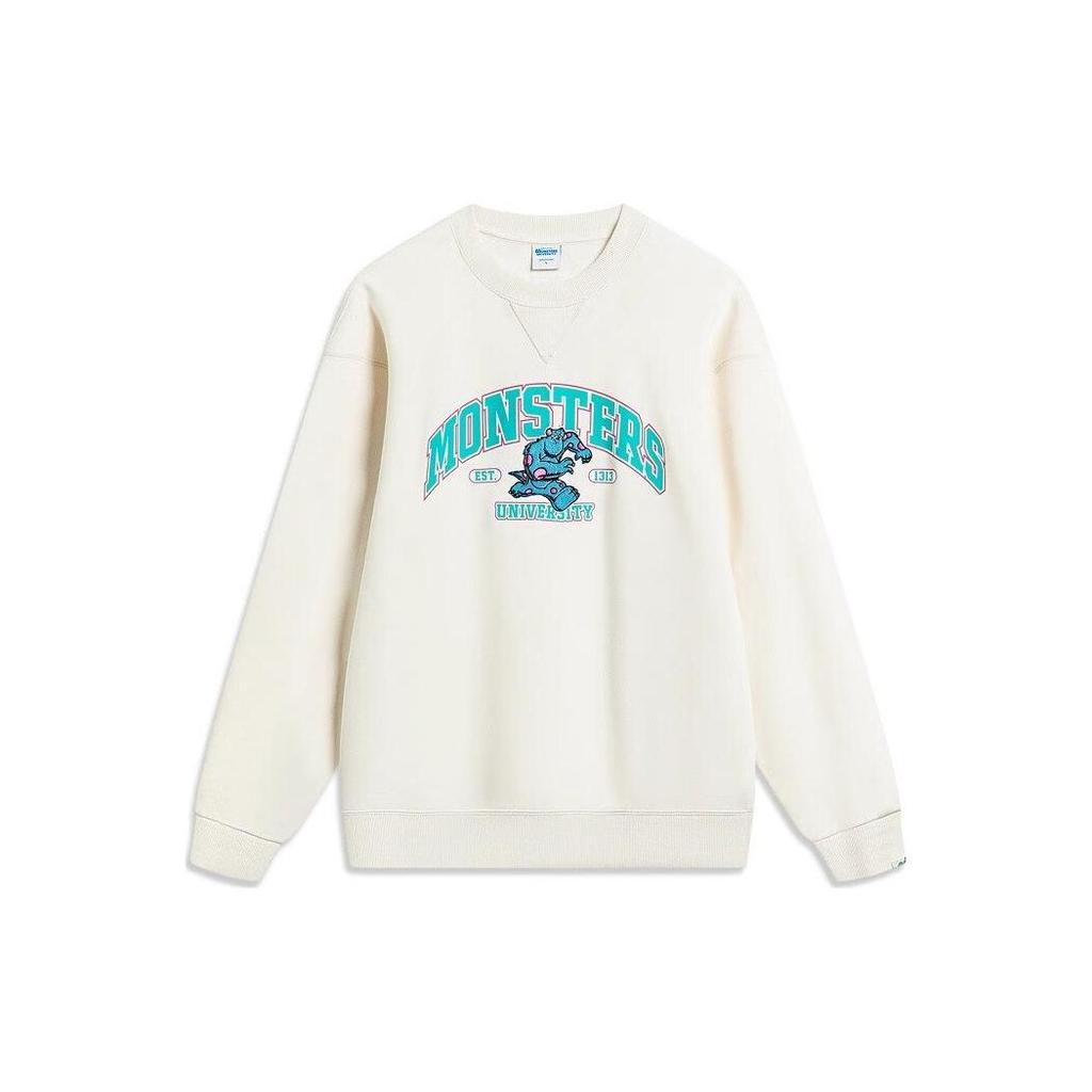 Li-Ning Disney Co-Branded Series Cartoon Letter Print Plus Velvet Warm Loose Pullover Sweatshirt Unisex Tops Cream AWDT813-2
