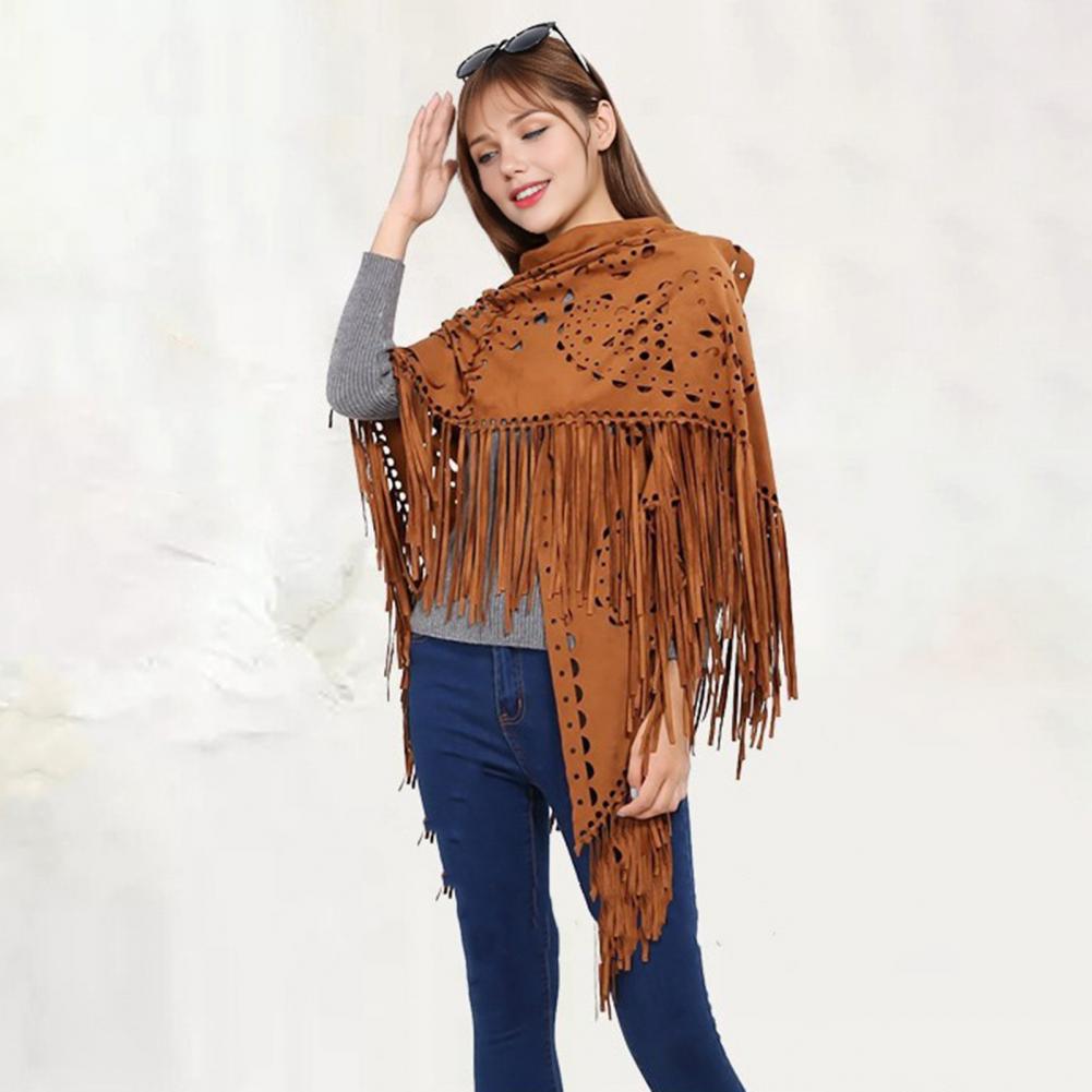 Women Shawl Warm Fabric Solid Color Versatile Hollow Tassels Hem Winter Scarf Comfortable Shawl Wrap