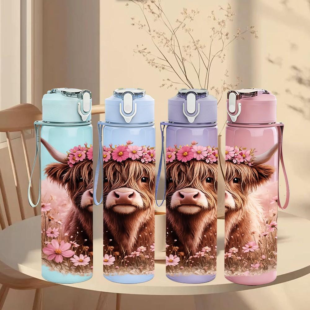 1PC Flower Crown Highland Cow Print 750ml Color Plastic Sports Water Bottle Leakproof Flip Straw Lid Suitable for Sports Office Home Use