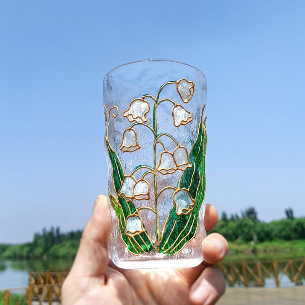 Gletscherstruktur Handbemalte Glas Tasse Blumen Design Bier Tasse Mode Saft Tasse Tee Zeit