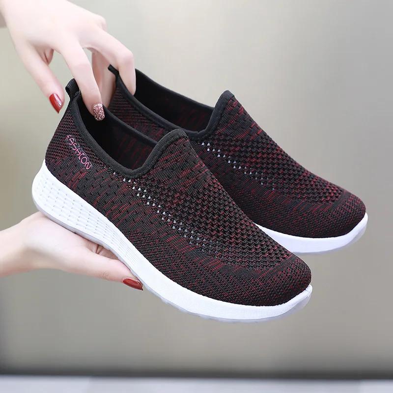 

мода 2024 Летние женские кроссовки Slip on Soft Женская обувь Плоские повседневные носки Туфли женские сетчатые лоферы Модные вулканизированные теннисные туфли 36