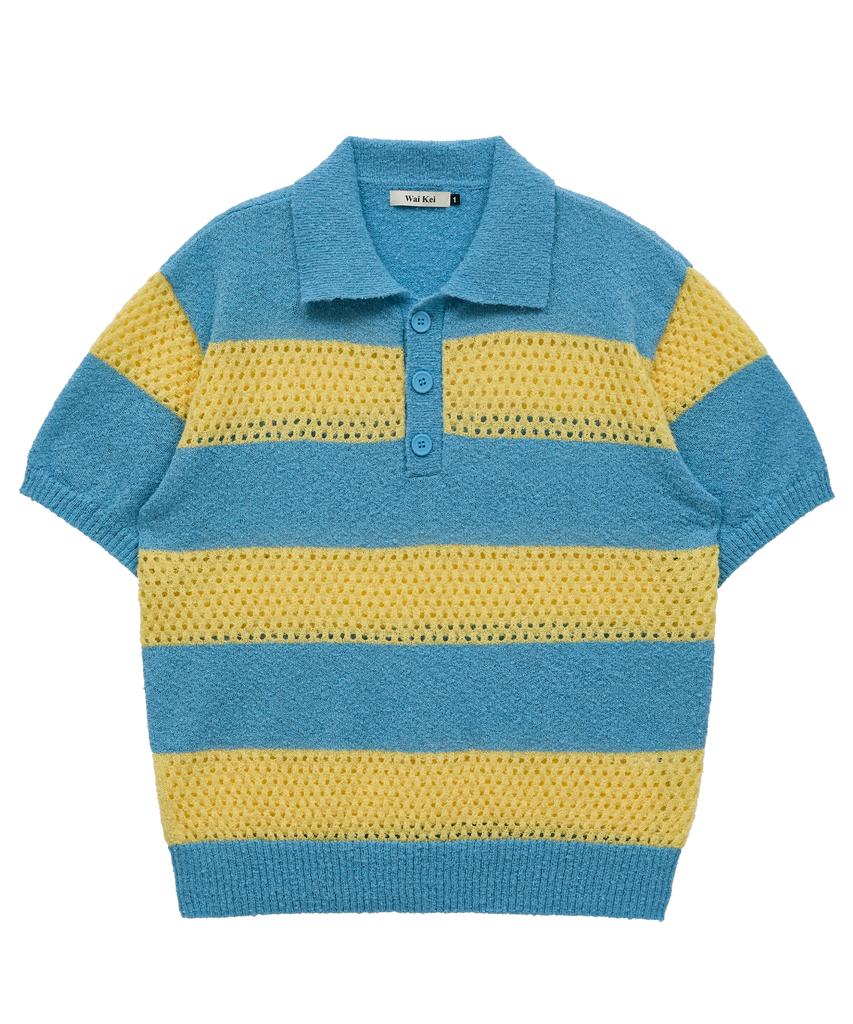 WAIKEI Sky Blue Striped Collared Short Sleeve Knit