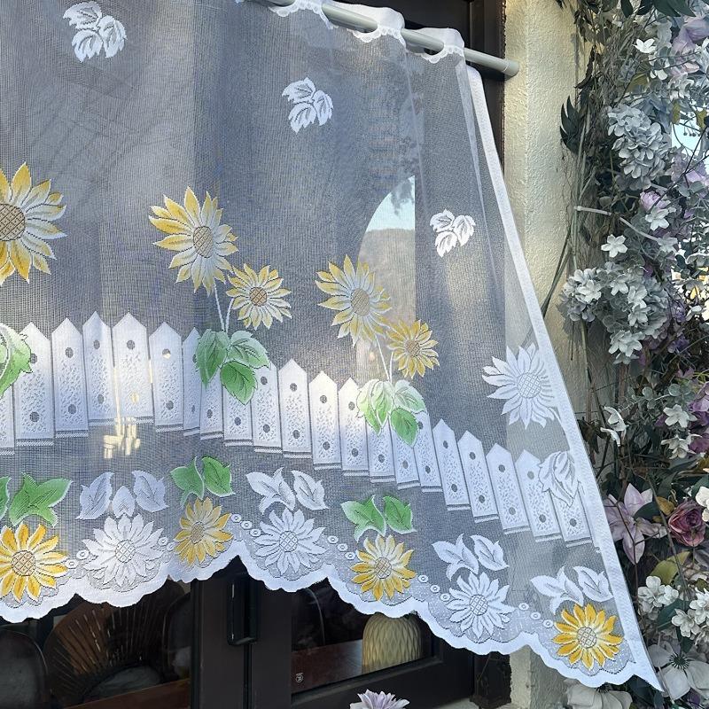 Countryside Style Sunflower Embroidery Half Curtain Kitchen and Bathroom Curtain Lace Decoration Window Sill Beautification Gauze Curtains Rodless
