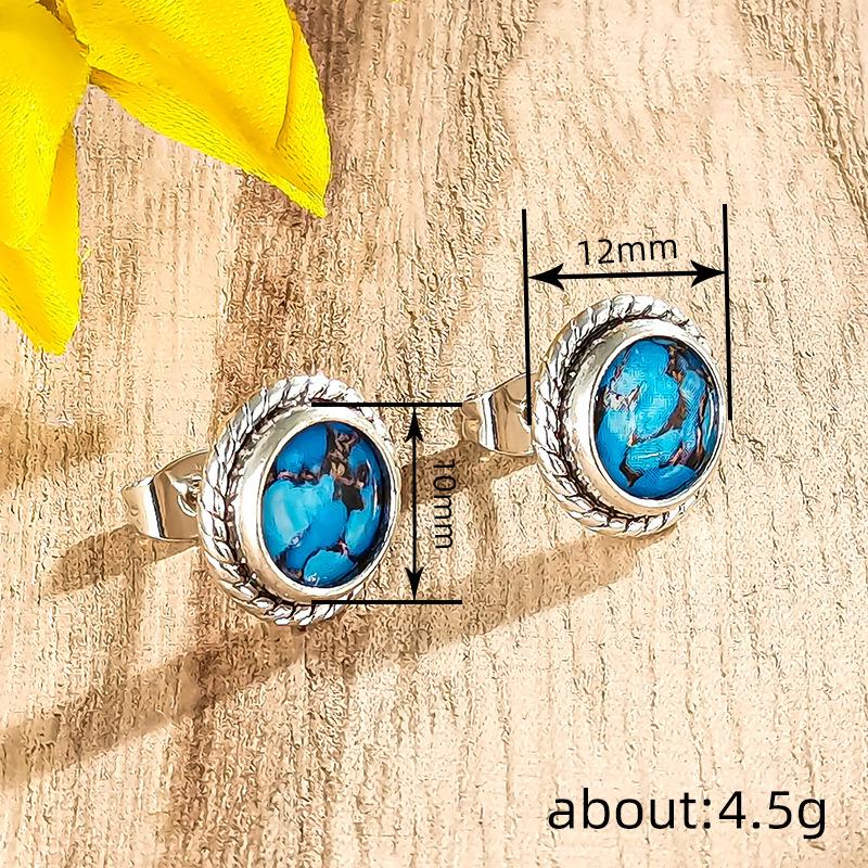 Turquoise composite earrings, Bohemian woven border round women's stone earrings, Western casual jewelry gifts