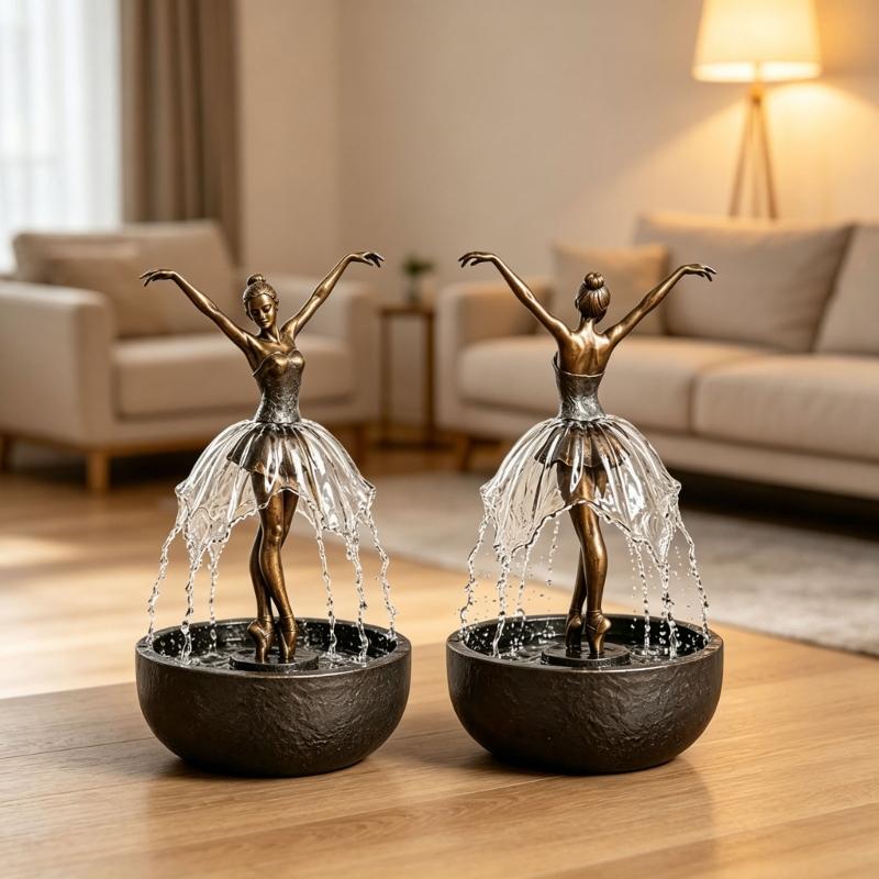 Indoor Water Accent Statue with Dancer Figure and Bowl Design for Bedroom Office Shelf Reading Area Side Table and Window Placement