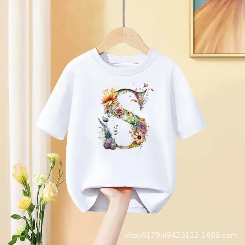 Floral AZ Kids Tshirt 26 Letters Cute ABCD Cartoon Short Sleeve Tee for Girls Summer Fashion Polyester Fabric