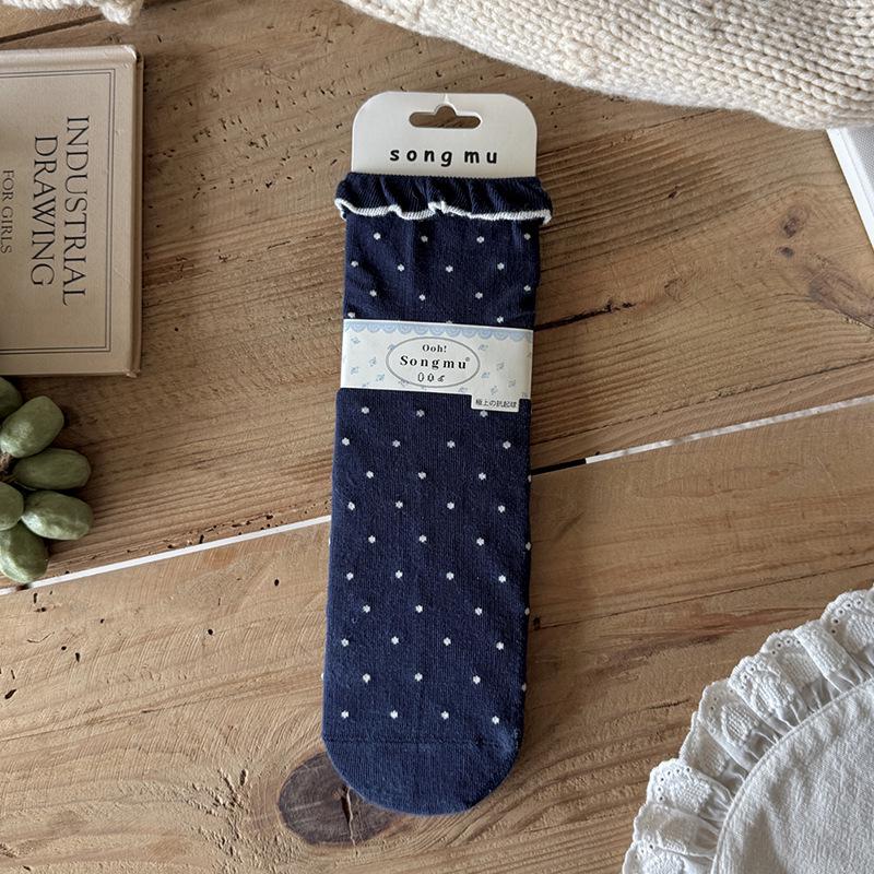 

Women s Navy Blue Lolita Polka Dot Lace Socks - Spring/Summer Mid-Calf College Style, Seamless Cotton. One Size