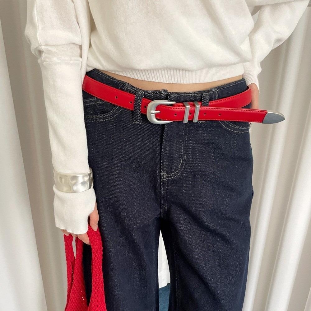 Y2k Style Leather Waist Belt Metal Buckle Thin Women's Belt Red Color Casual Belt Jeans Skirt Dress