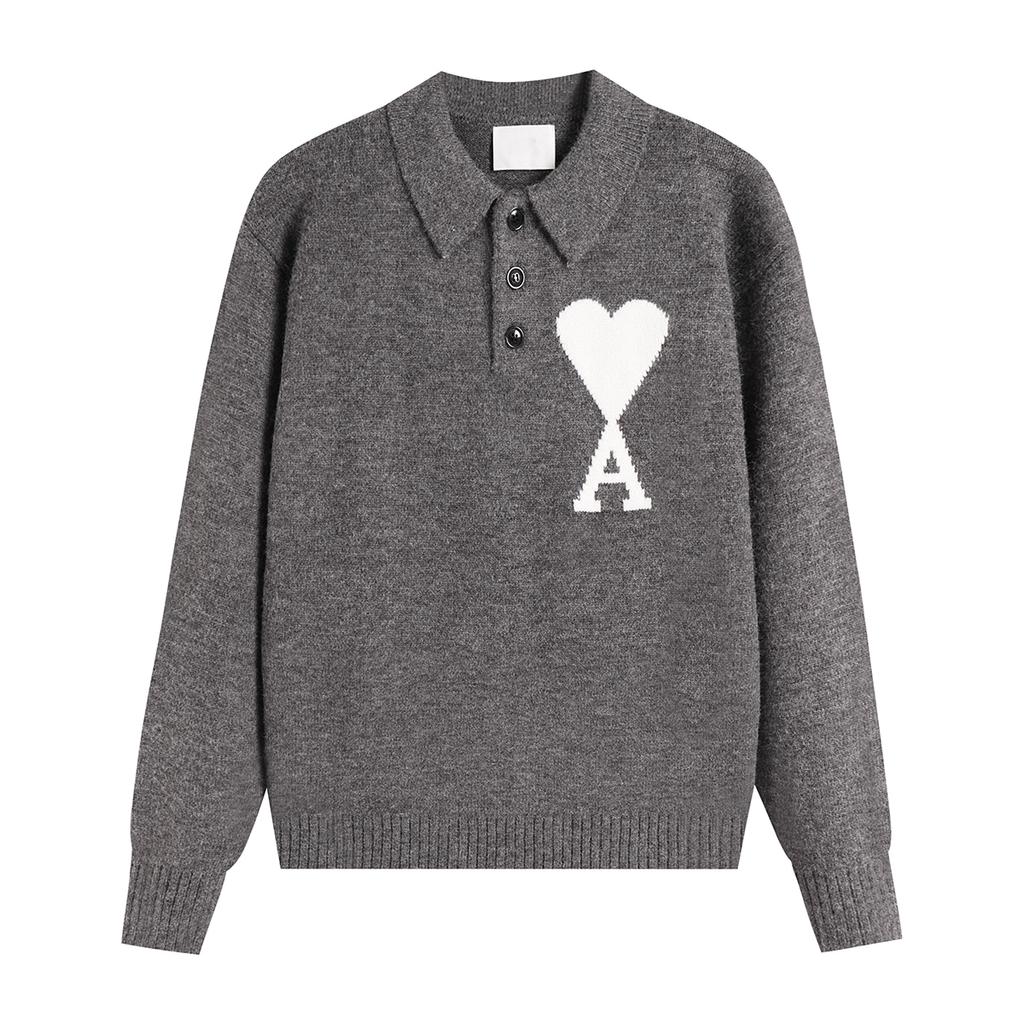 Maglione Unisex in Maglia con Collo a Polo Multicolore con Ricamo a Cuore e A Pullover Casual con Bottoni per Uomo Donna
