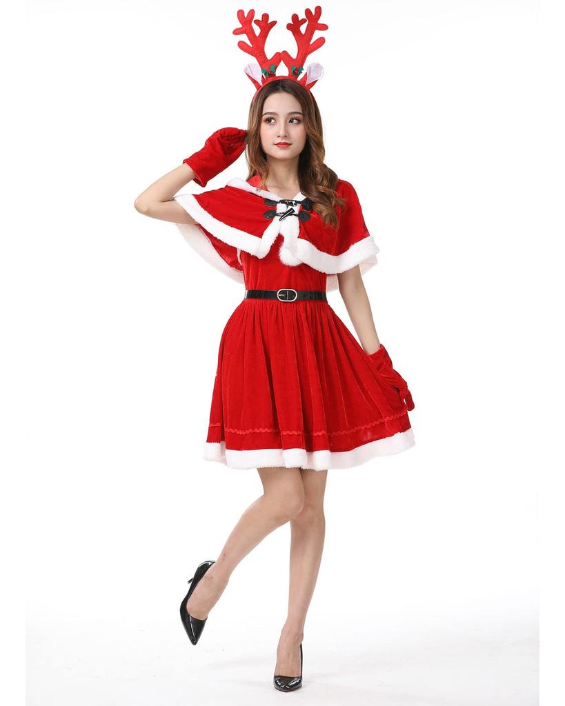 Milky Time Women's Christmas Santa Dress with Reindeer Headband (Red)