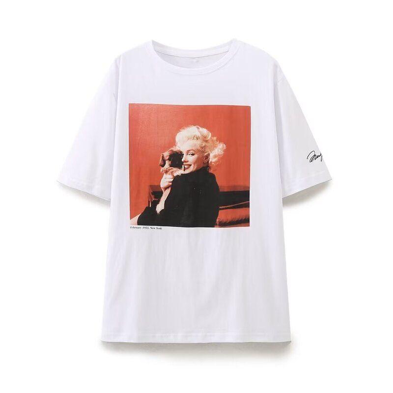 Fashion Style 2024 Autumn New Women's Clothing Easiest for Match Marilyn Monroe Print Short Sleeve T-shirt 0085032