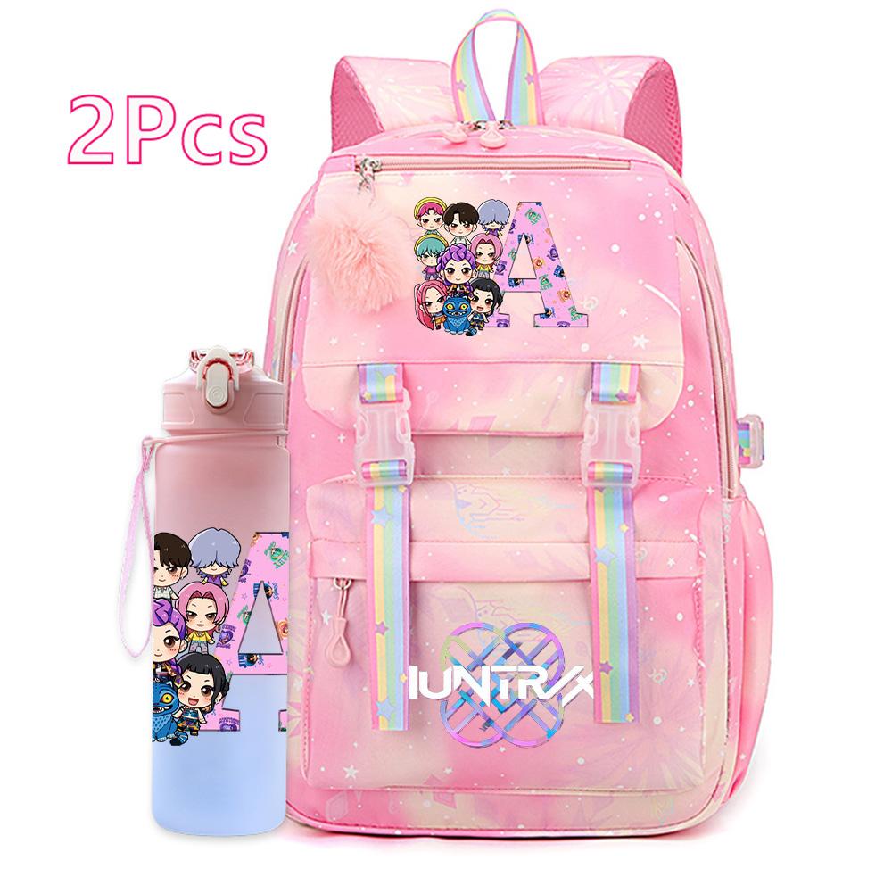 

2Pcs/set NEW K-pop Printed Backpack with 750Ml Water Bottler Large Capacity Travel Bag for Teenager Girl Boy waterproof Bookbag Kid Gift Rucksak