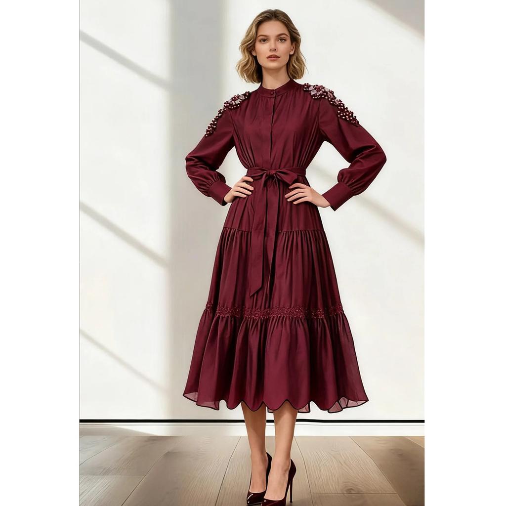 2026 Spring Summer Beaded Lace Patchwork Dress for Women Stand Collar Long Sleeve High Waist Belt Casual Vestidos Pleated Y2k