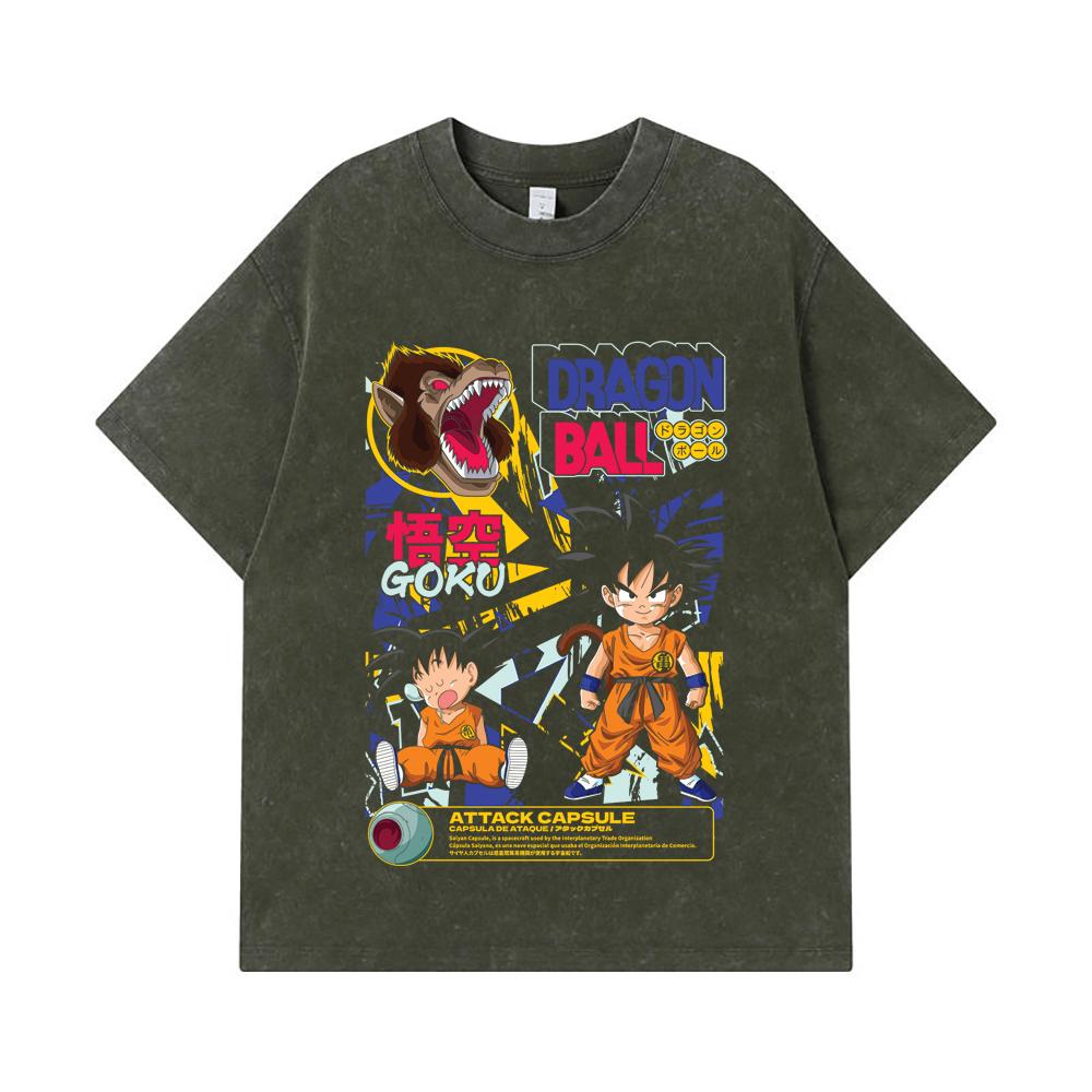 

275 GSM Washed T-shirts 100% Cotton Dragon Ball V40 Goku Capsule Print Unisex Heavy Cotton T Shirt S