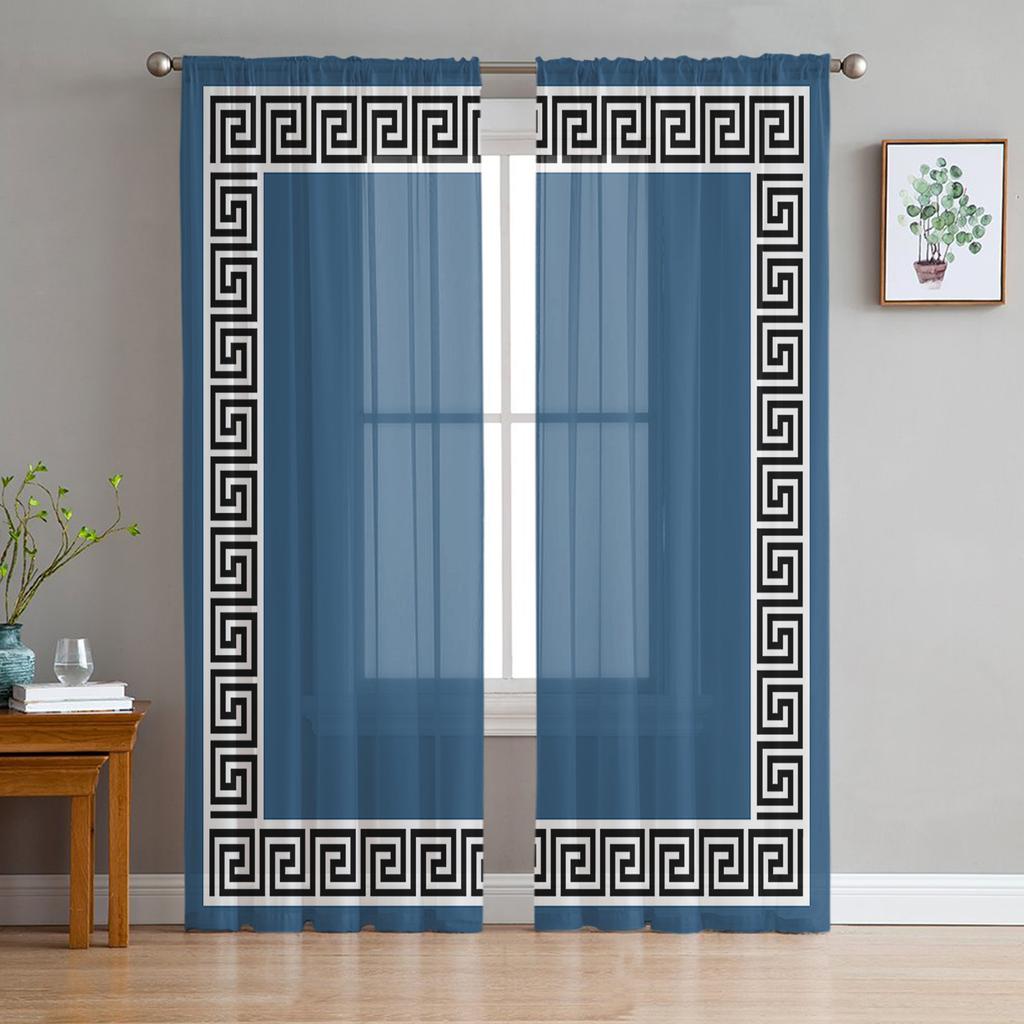 Cortinas Voile Transparentes con Patrón Geométrico Rojo de Llave Griega para Ventana de Salón, Cortina de Tul de Chifón para Cocina, Dormitorio, Cortinas Decorativas para el Hogar