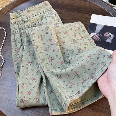Floral Retro Straight Jeans Feminine High Waist Loose Casual Wide-leg Pants Trend Vintage Wash High-waisted Casual  Print High-waisted Wide-leg Pants