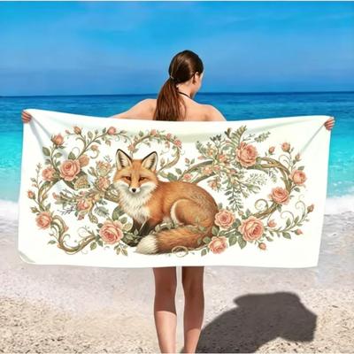 Cottagecore Fox Roses Beach Towel Vintage Floral Whimsical Forest Fox Rose Vines Design Towel Boho Summer Pool Towel for Beach